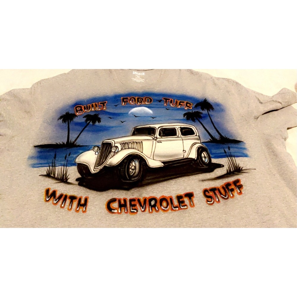 Duluth Trafing Co Sz 4XL Custom Car Art Shirt “Built Ford Tuff, With Chev Stuff”